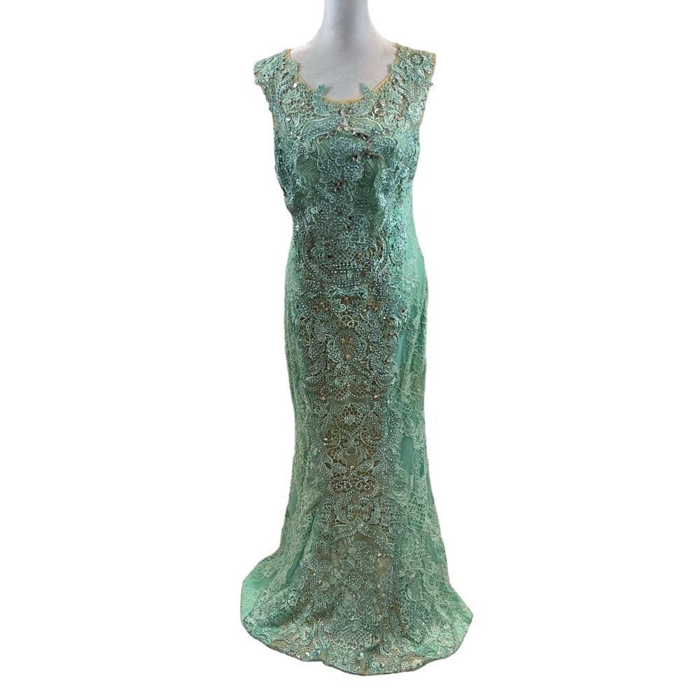 Mint Green and Silver Lace Mac Duggar Floor Length Prom Gown Size 12